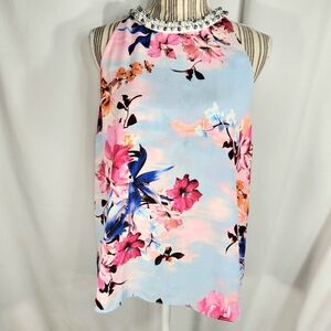 Floral Sleeveless Top with Jewel Neckline